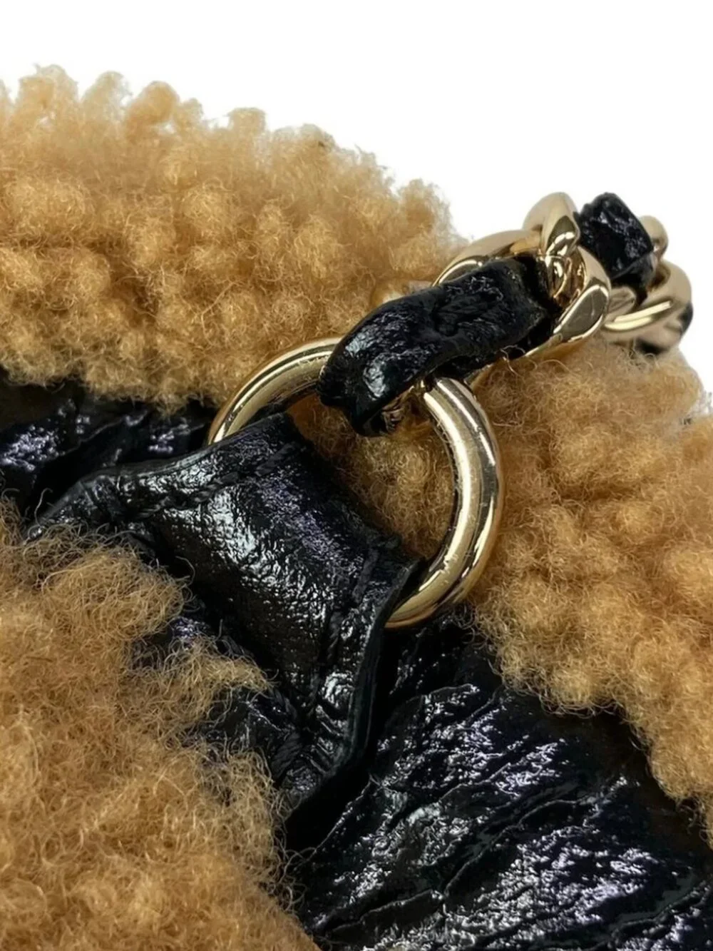 CHANEL CC Fan Black Light Brown Crumpled Sheepskin / Sheared Mouton Bum Bag